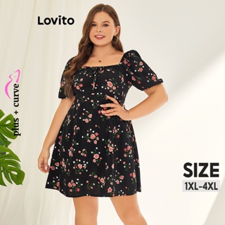 Lovito Vestido Floral Casual de Amarração Plus Size Curve para Mulheres LPS11061 (Preto)