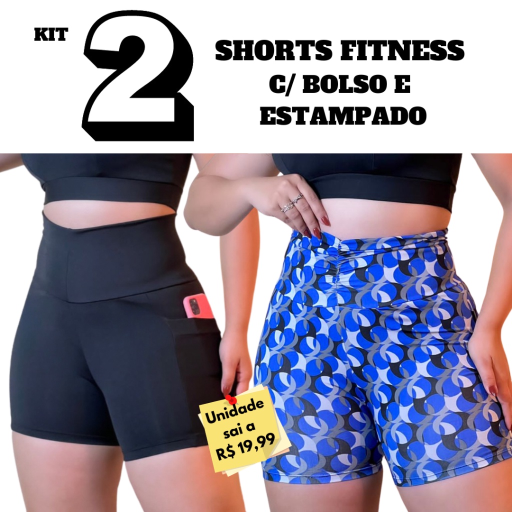 Kit 2 Shorts Fitness Liso C/Bolso e Estampado Suplex Premium