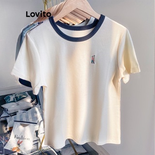 Lovito Camiseta Feminina Casual Com Gola Contrastante E Padrão De Figura LNE42229