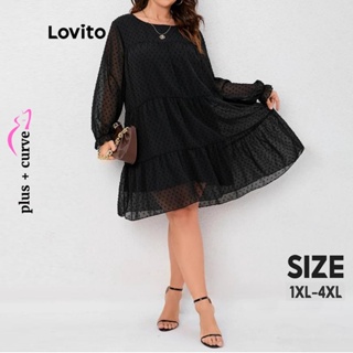 Lovito Vestido Plus Size Casual com Camadas e Forro para Mulheres LBE03132 (Preto)
