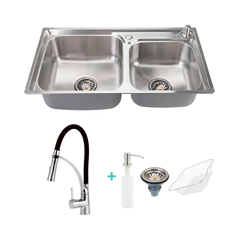 Cuba para cozinha com acessórios Potiguara e Torneira misturador monocomando gourmet preta Solimoes Pingoo