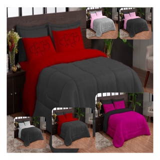 Kit Roupa Cama Cobre Leito Edredom 5pcs Casal Queen Macio Ternura Coracao Dupla Face Fronhas Estampadas Quente Frio