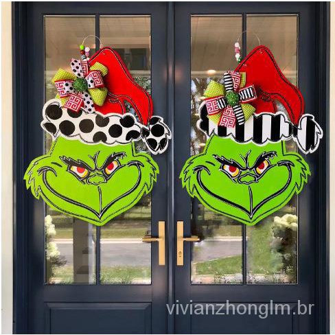 Grinch de Natal transfronteiriço pendurado grinalda de cabelo verde decorativo de coroa de porta de madeira pingente por atacado