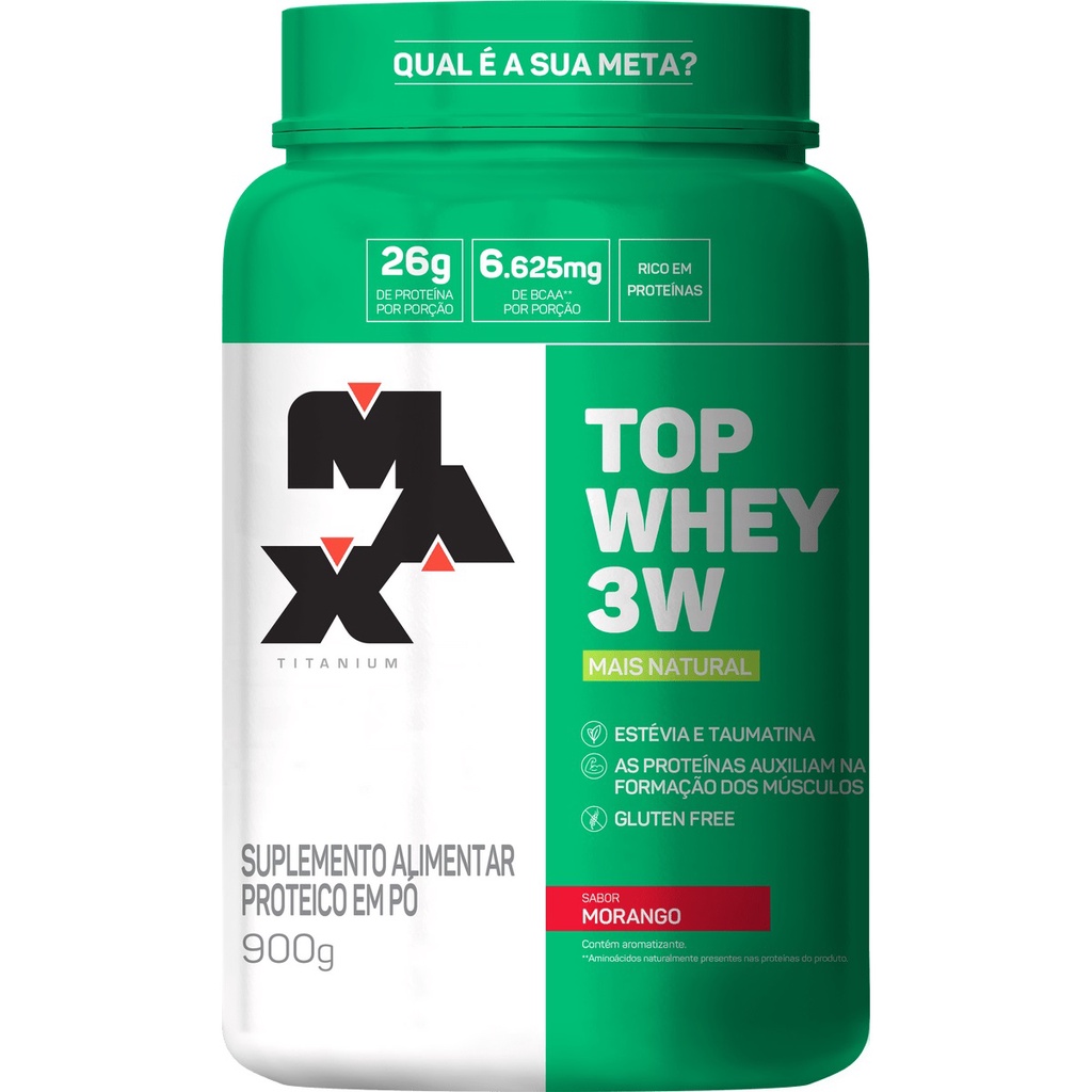 Whey Top Whey 3w Mais Natural Pote 900g Sabor Morango Max Titanium