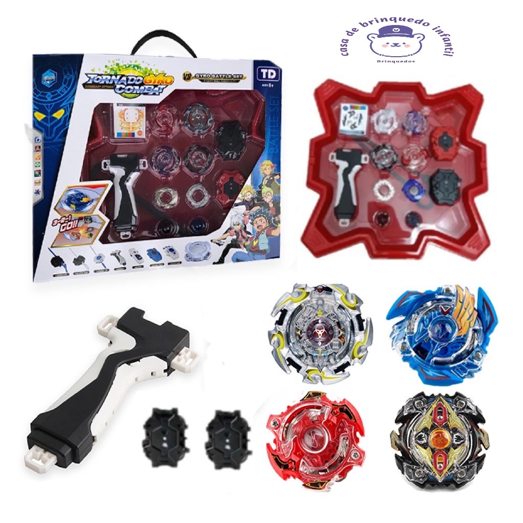 Kit Beyblade 4 In 2 + 2 Lançadores + Arena Grande Pião Brinquedo Divertido