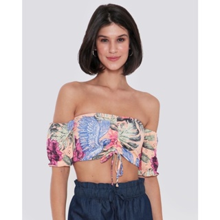 Blusa Cropped Feminina Ciganinha Laise Floral Bege