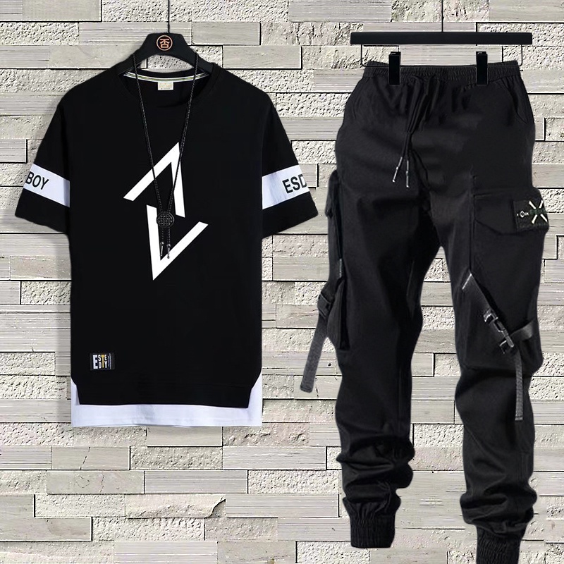 Conjunto De Moda Masculina Com Camisetas Casuais Manga Curta + Calça De Carga Estilo Hip Hop Joggers