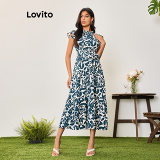 Lovito Casual Vestido Feminino com Estampa Floral Amarrado LBA05096 (Azul Marinho)