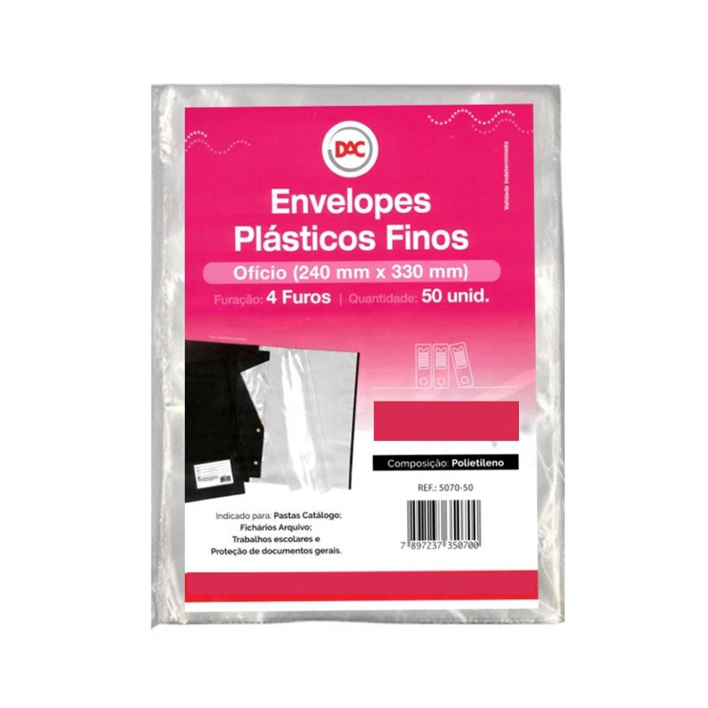 Envelope plástico ofício 4 furos fino 0,06mm c/ 50un 
