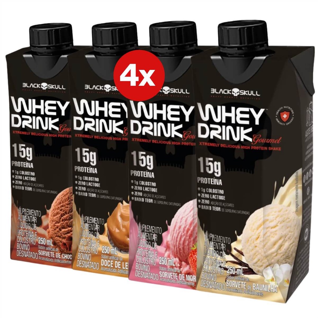 Whey Protein Pronto para Beber Shake Drink Gourmet Black Skull 250ml – Kit 4 unid