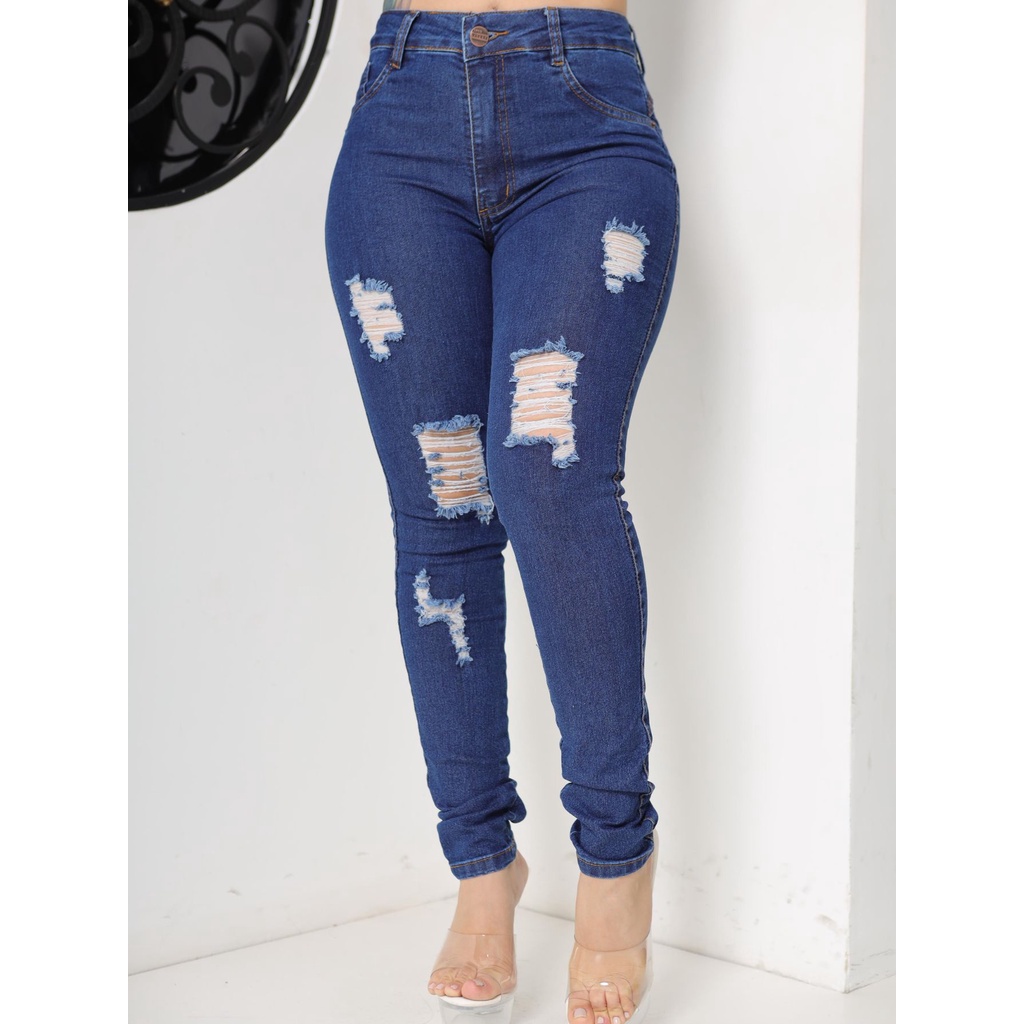 Calça Jeans Feminina Skinny Rasgada Cintura Alta Levanta Bumbum