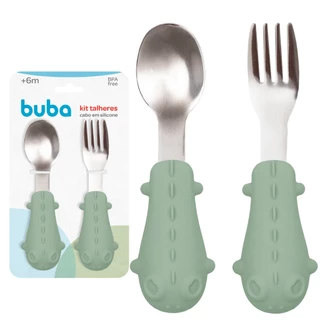 Kit Talheres Infantil Cabo Em Silicone Verde 15821 - Buba