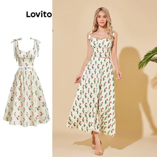 Lovito Conjunto de Saia com Amarração Boho Floral e Linhas de Estrutura para Mulheres LBL06020 (Off White)