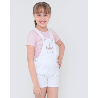 Jardineira Infantil Sarja Unicórnio Branca