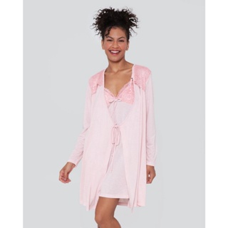 Robe Feminino Manga Longa Transpassado Com Renda Rosa
