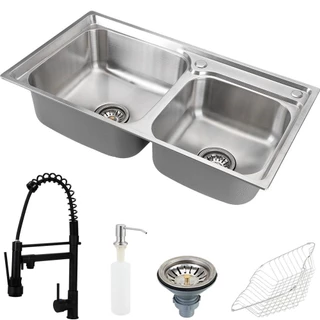 Cuba para cozinha pia dupla com acessórios Ticunas e Torneira monocomando gourmet Munim Preto Pingoo em Oferta na Shopee