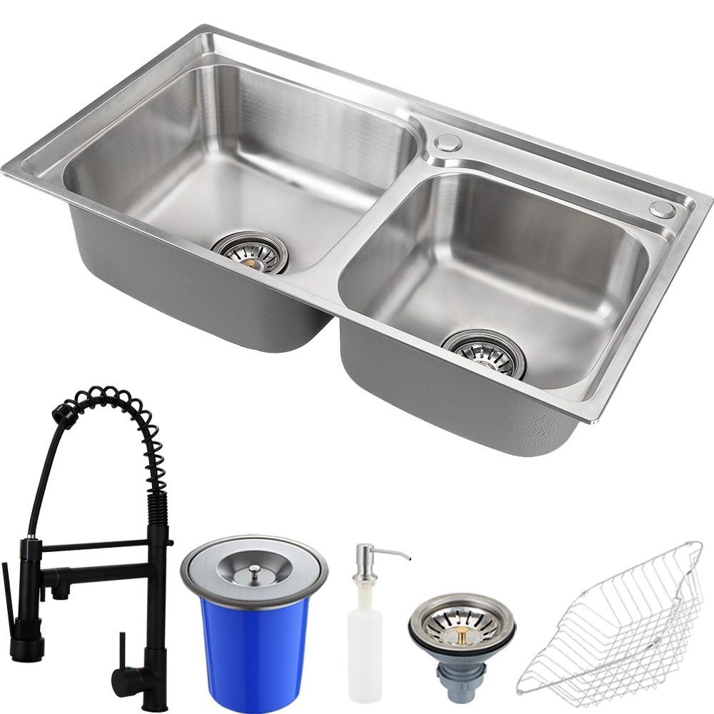 Cuba para cozinha pia dupla com acessórios e lixeira Ticunas e Torneira monocomando gourmet Munim Preto Pingoo