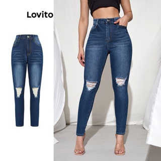 Lovito Casual Calça Jeans Feminina Lisa Rasgada com Bolso e Botão LBA05093 (Azul)
