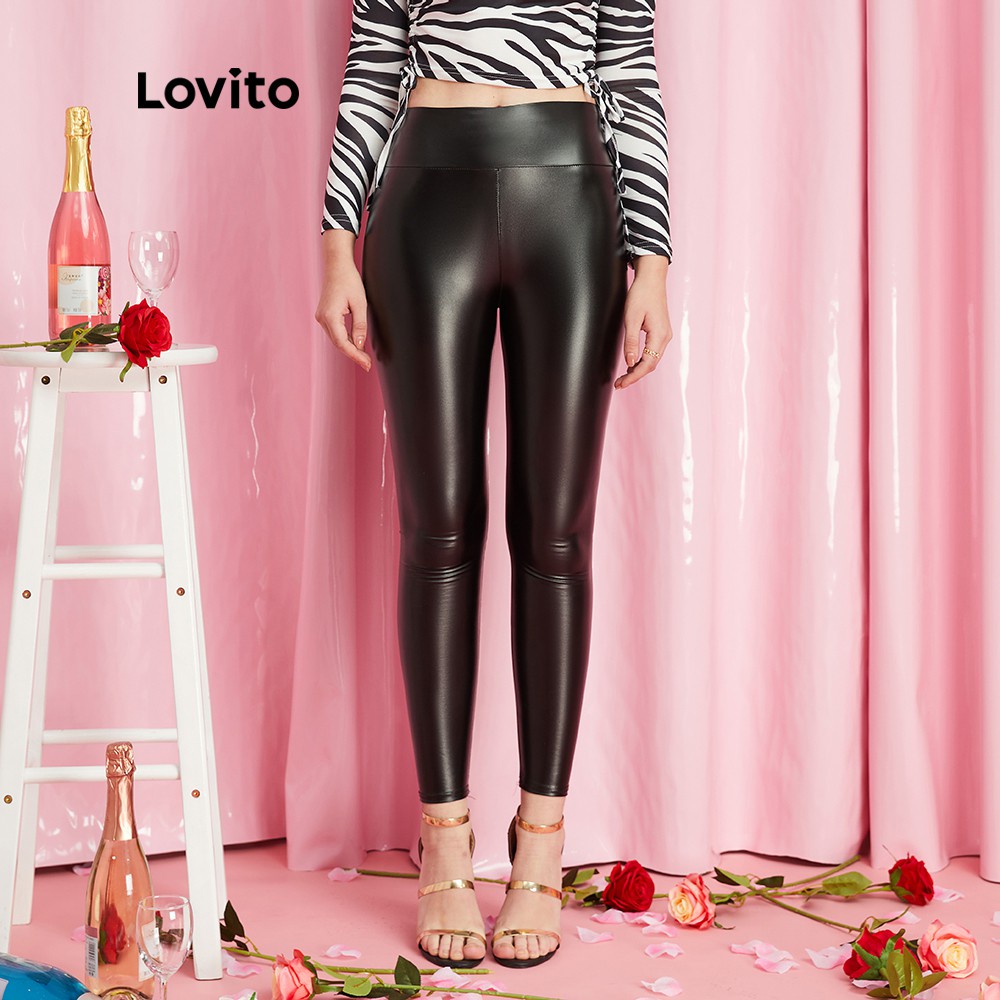 Lovito Legging Básico Liso Couro do falso de Cintura Alta Levemente Elástico L10095 (Preto)