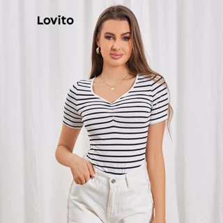 Lovito Casual Camiseta Listrada com Cordão em Formato de Coração para Mulheres LBL06143 (Preto e Branco)