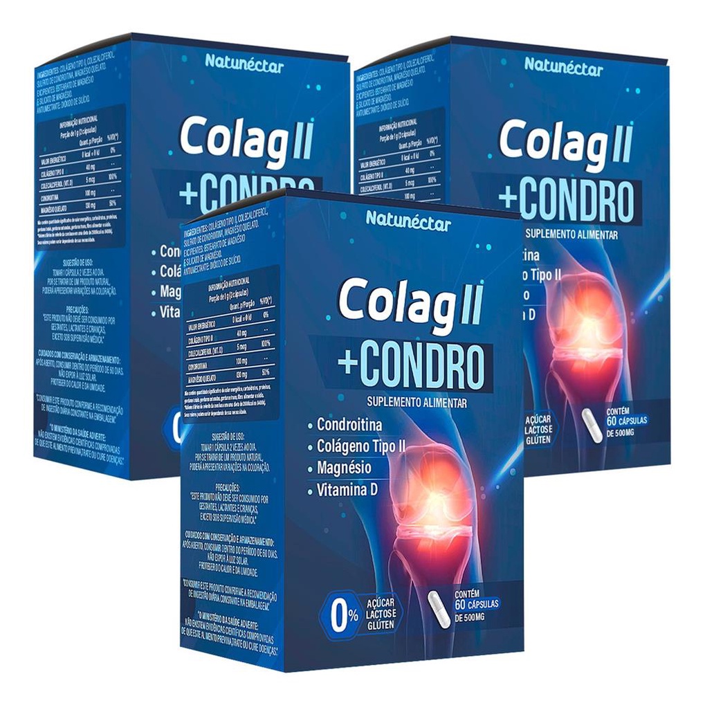Kit 3 Potes Colag II + Condro Suplemento Alimentar Natural 180 Capsulas ...