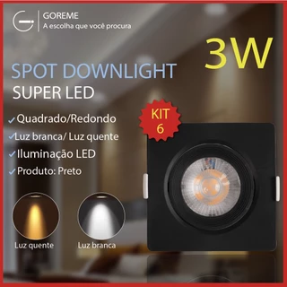 Kit 6 Luminária Spot Led Quadrado Direcionável 3W Embutir Gesso Teto Preto | Branco Frio 6500K (Luz Branca) | Branco Quente 3000K (Luz Amarela) Bivolt Spot Super LED Pronta Entrega
