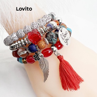 Lovito Conjunto Casual De Metal Com Contas Lisas Com Letras Bohemia Pulseira Para Mulheres LCS04102
