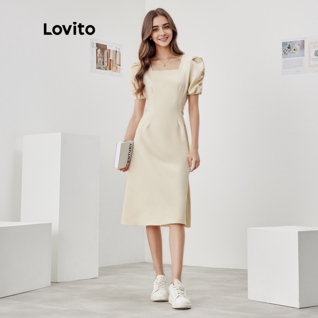 Lovito Casual Vestido Feminino Liso Elegante Com Decote Quadrado L Ad Off White Shopee