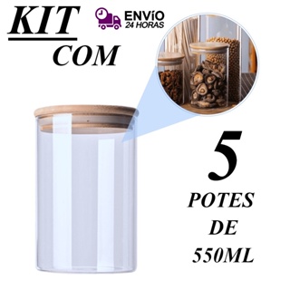 Kit 5 Pote Hermético De Vidro Com Tampa De Bambu Decoração Porta Tempero Organizador Porta Mantimentos