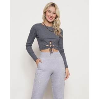 Blusa Cropped Feminina Detalhe Vazado Cinza
