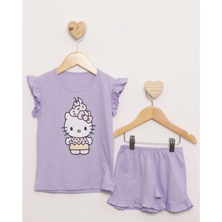 Pijama Bebê Hello Kity Manga Curta Com Babados Lilás
