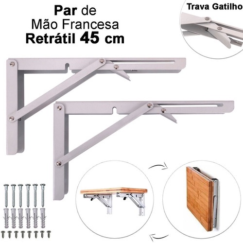 Kit 2 Suportes Mão Francesa Cantoneira Dobrável Retrátil Reforçada Prateleira Mesa 45cm