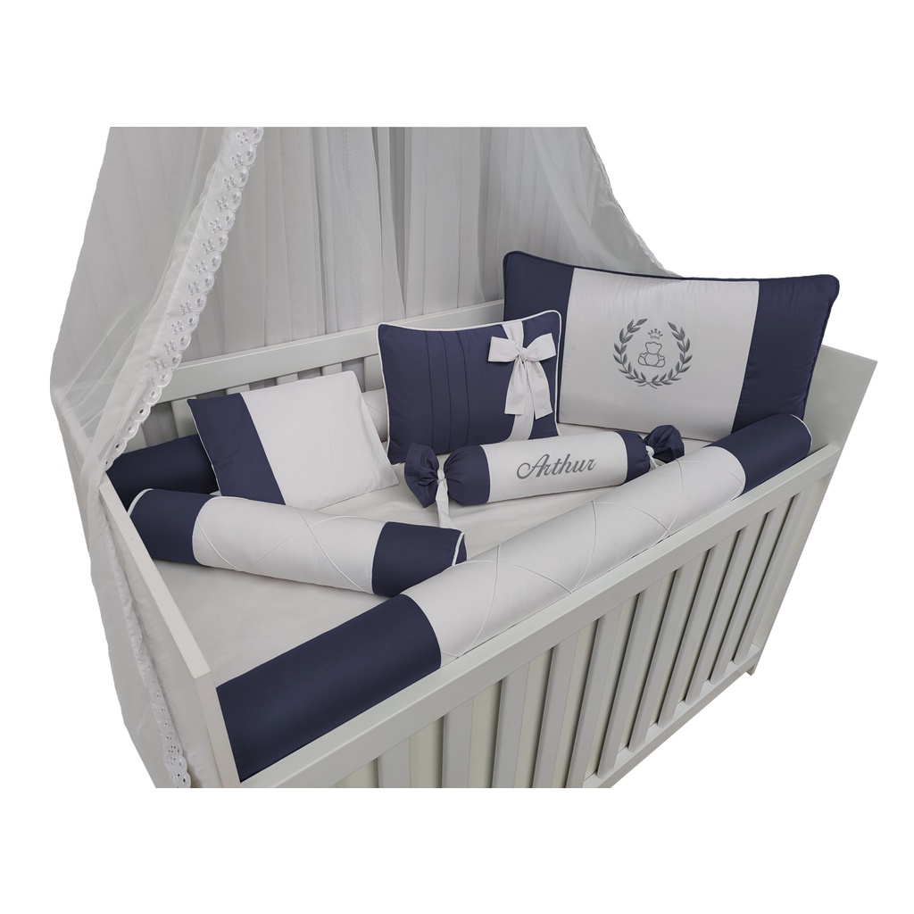 kit protetor para berço menino ursinho marinho e branco