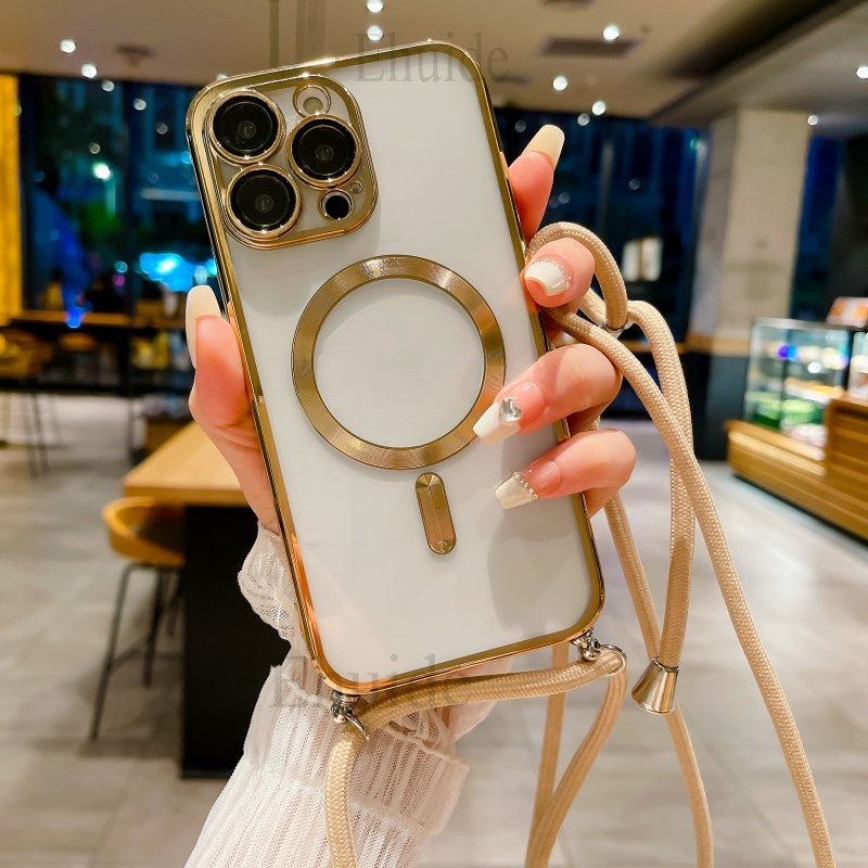 iPhone 15 14 Pro Max 15 Plus Capa Magnética Magsafe Transparente Para O  Pescoço Do Cordão De Segurança