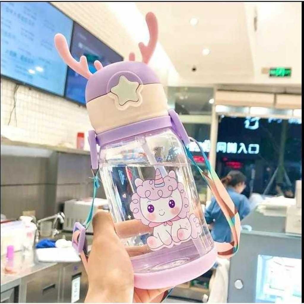 Garrafa Água Infantil Personagens Chifrinhos ALCE 600ml c/ Canudo e Cordão garrafas de água à prova de vazamento, copos infantis YIHAN