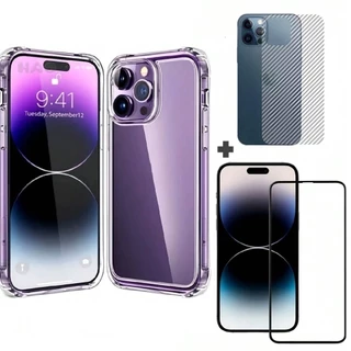 Kit 3 em 1 Película Vidro Temperado 3D e Película Traseira Fibra Carbono + Capa Capinha Transparente Anti Shock Para IPhone Apple 6 7/8 Plus Xs Xr Max 11 Pro 12 13 14 15Pro 15 ProMax
