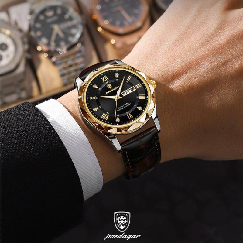 POEDEAGR Relógio Men's Watch Cinto de Couro Genuíno Calendário Luminoso de Quartzo à prova d' águarelógio masculino
