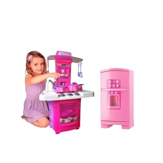 Cozinha e Geladeira Kit Completo com Acessórios Brinquedo Infantil Rosa