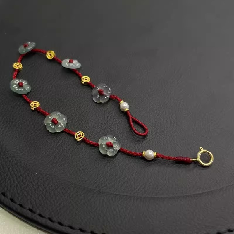 Pulseira Jade Pearl Flower Bracelet Feminina De Corda Vermelha Tecida À Mão Avançada