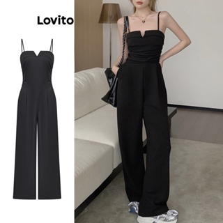 Lovito Macacão Casual Plissado Com Bolso Liso Para Mulheres L73AD076