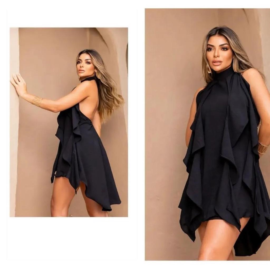Vestido Curto Babado Manga Única Social Preto