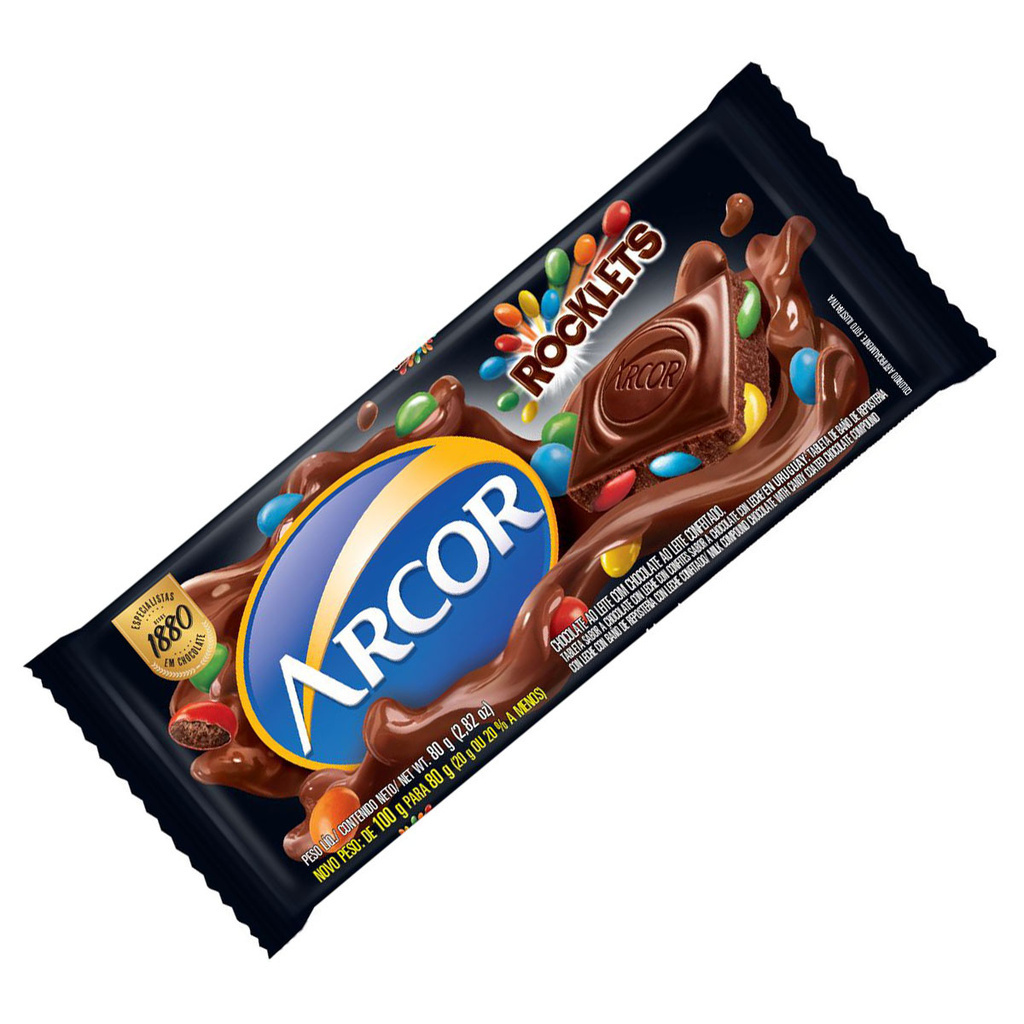 Barra de Chocolate Ao Leite Rocklets Arcor Pacote 80 G | Shopee Brasil
