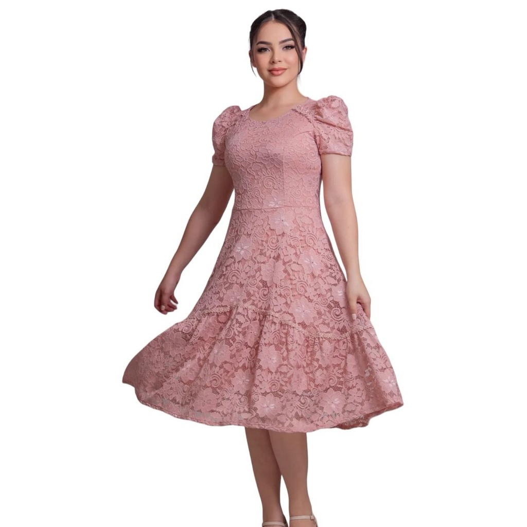 Vestidos Moda Evangélica Detalhado Gripir Renda Forrado Mídi