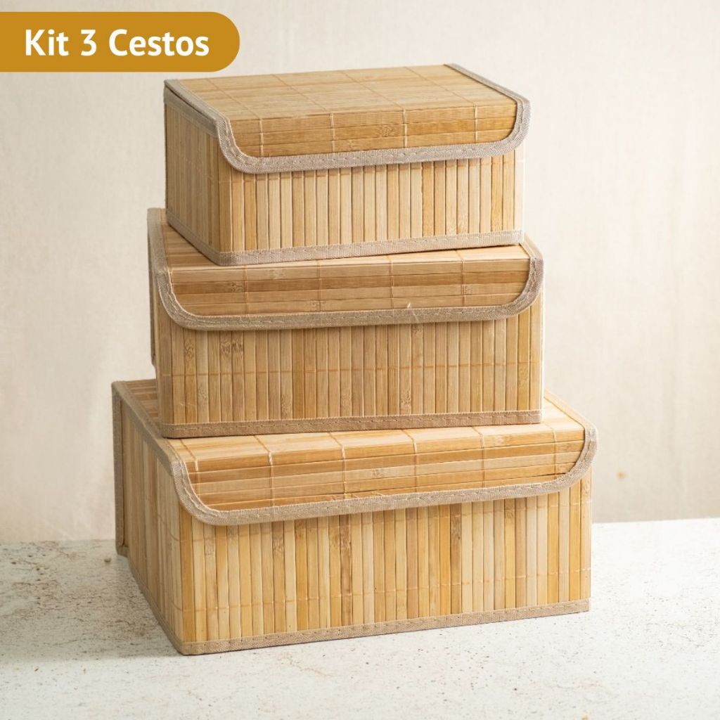 Kit 3 Cestos Organizadores de Bambu Multiuso com Forro Decoração
