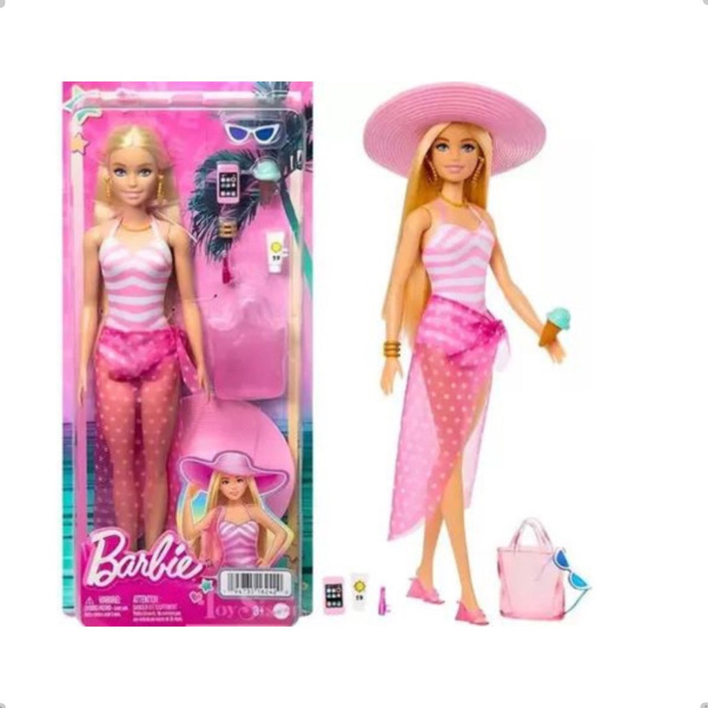 Boneca Barbie Morena Dia de Surf c/ Pet e Acessórios de Praia - Mattel