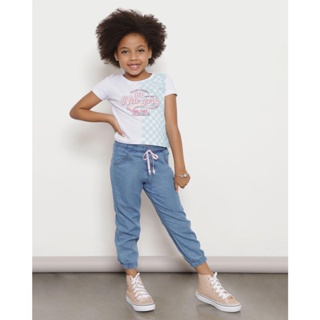 Calça Jeans Infantil Cordão Com Miçangas Jogger Azul