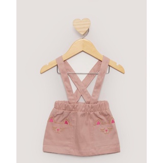 Salopete Bebê Cotelê Bolso Gatinho Rosa