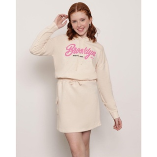 Blusa Juvenil Moletinho Com Capuz Estampada Bege