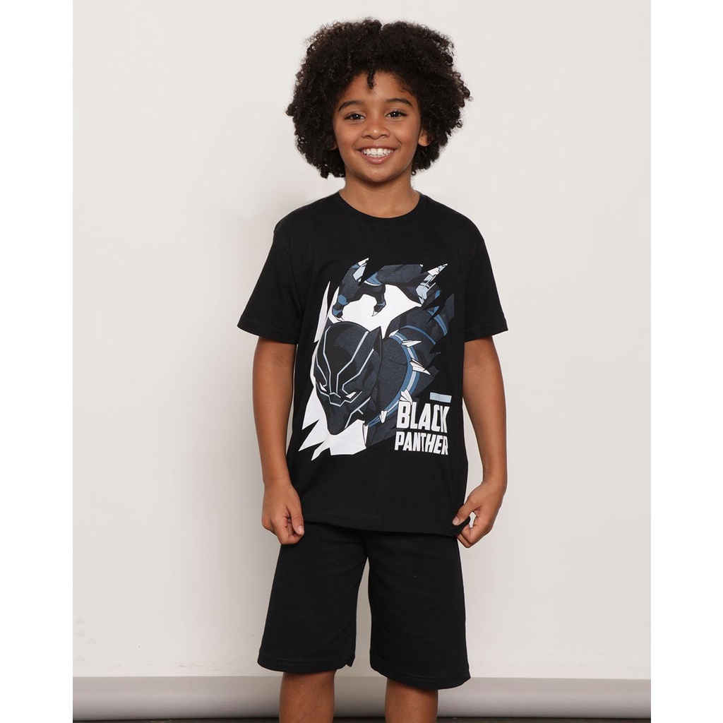 Camiseta Infantil Marvel Manga Curta Pantera Negra Mescla Cinza