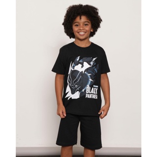 Camiseta Infantil Manga Curta Marvel Estampa Pantera Negra Preta